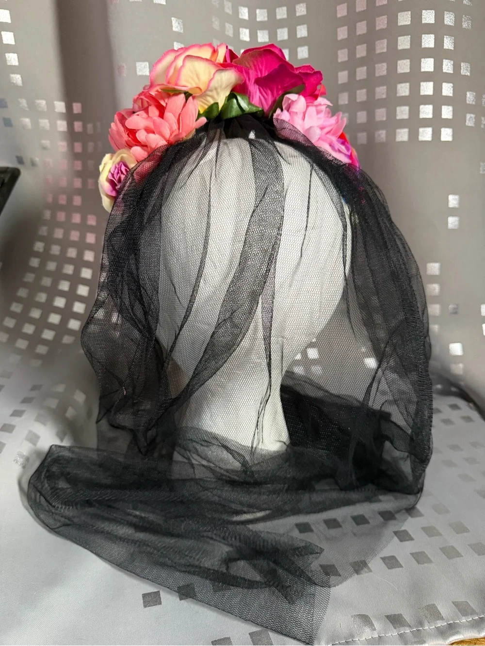 Adult Floral Multicolor Headband with Black Veil